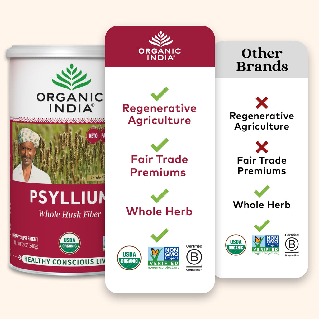 Organic India Psyllium Herbal Powder, Whole Husk Fiber Supplement, 12 oz