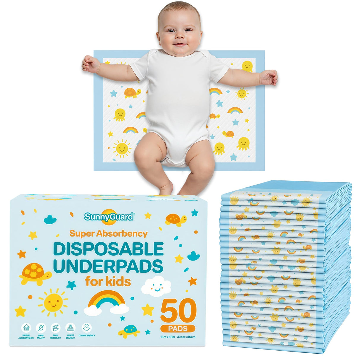 SunnyGuard Disposable Changing Pads for Baby 13 x 18 Inches, 50 Count