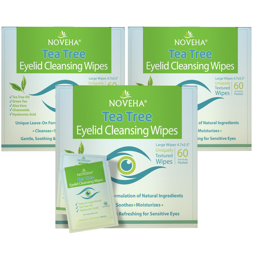 NOVEHA 60PCs Tea Tree Oil Eyelid & Lash Wipes | With Hyaluronic Acid, Green Tea & Chamomile For Blepharitis, Itchy & Stye Eyes, Individually Wrapped, Natural Eyelash Makeup Remover & Daily Cleanser