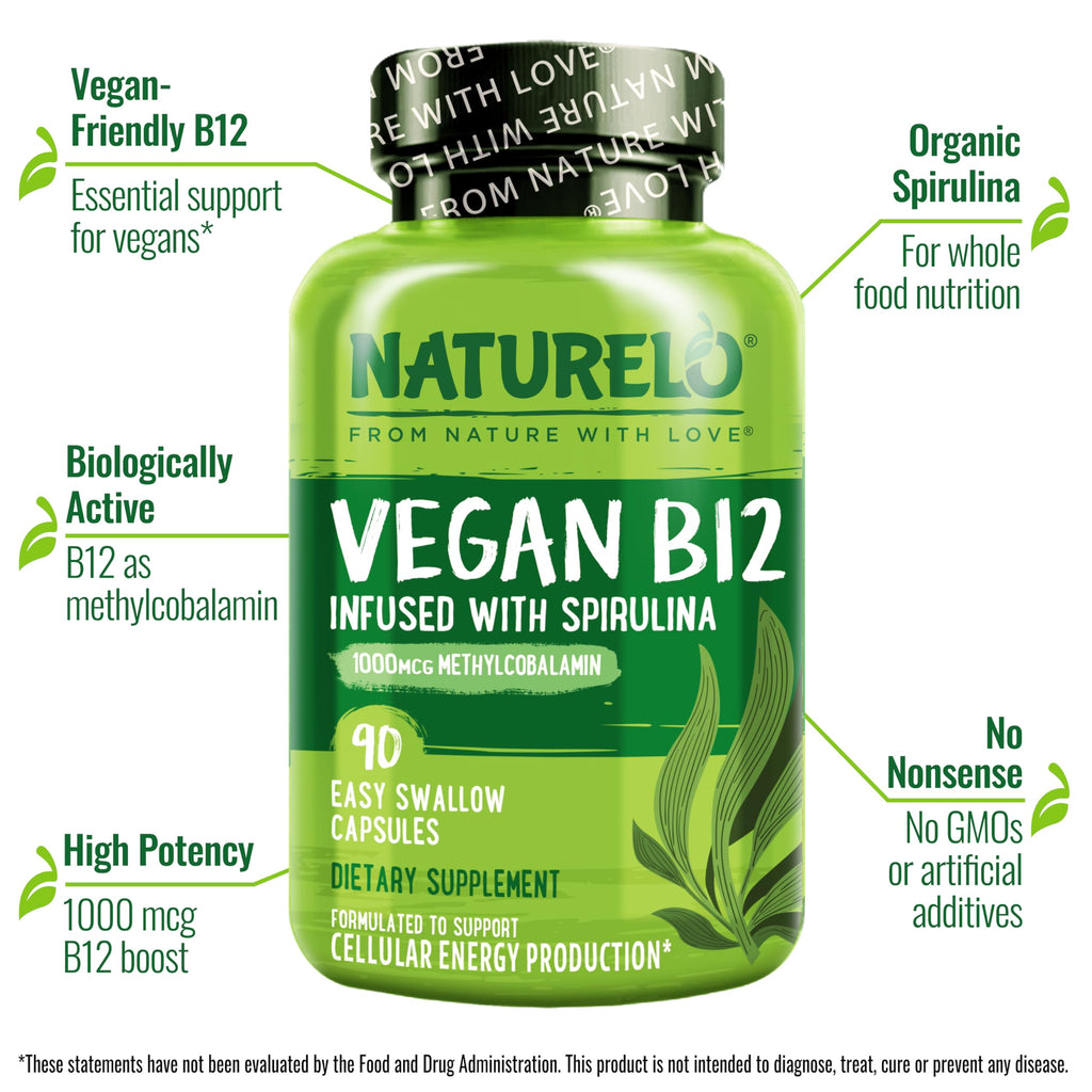 NATURELO Vegan B12 - Methylcobalamin, 90 Capsules | Organic Spirulina, Methyl B12 1000 mcg, Supports Healthy Mood, Energy, Heart & Eye Health, Vitamin B12 1000 mcg