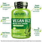 NATURELO Vegan B12 - Methylcobalamin, 90 Capsules | Organic Spirulina, Methyl B12 1000 mcg, Supports Healthy Mood, Energy, Heart & Eye Health, Vitamin B12 1000 mcg