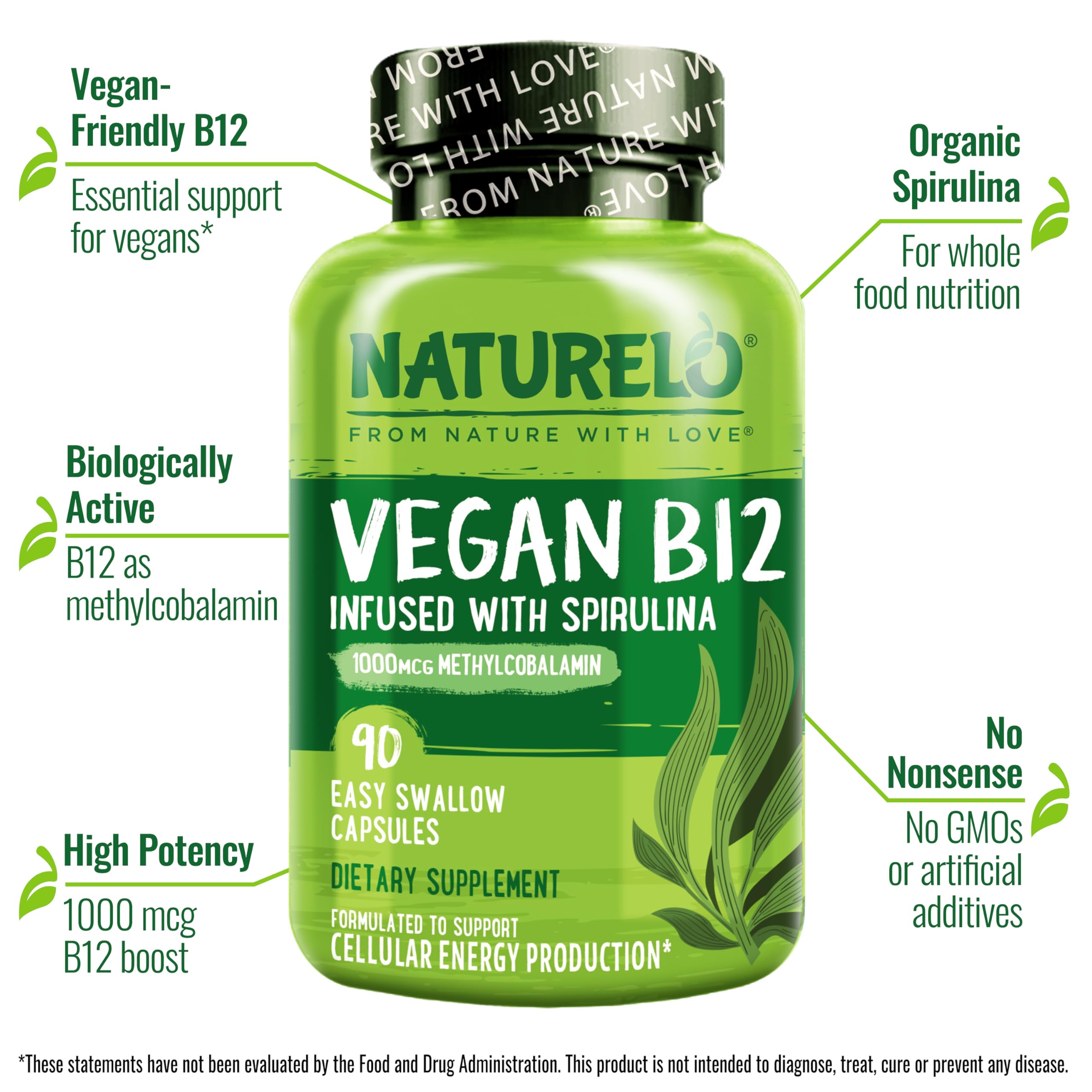 NATURELO Vegan B12 - Methylcobalamin, 90 Capsules | Organic Spirulina, Methyl B12 1000 mcg, Supports Healthy Mood, Energy, Heart & Eye Health, Vitamin B12 1000 mcg