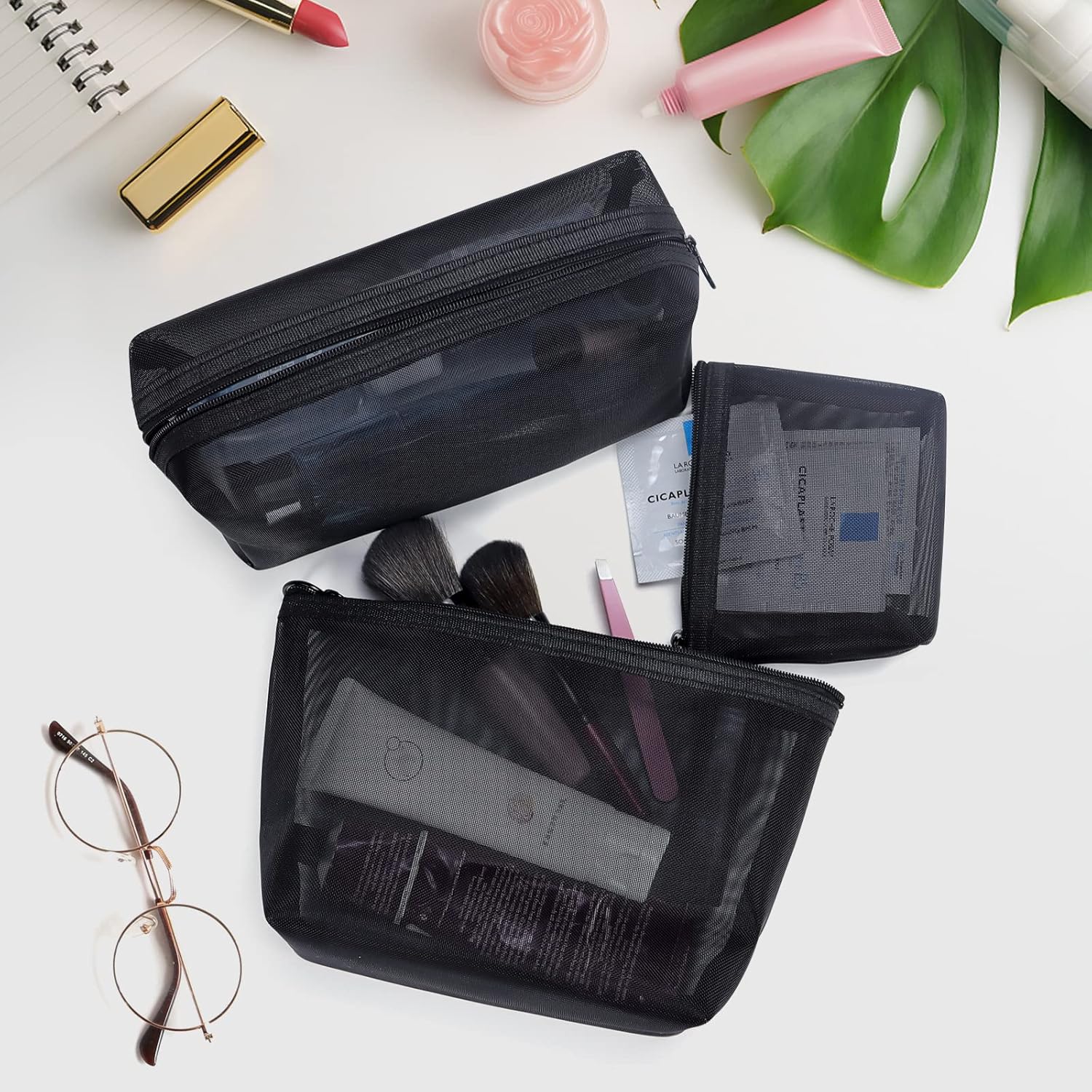 Buy now Aosbos 3-Pack Mesh Cosmetic Bag Set - Travel/On-The-Go Makeup Storage, Zipper Closure Small Pouch at indiglob india