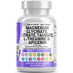 Clean Nutraceuticals Magnesium Glycinate Complex 1000mg with L-Theanine 200mg Apigenin 50mg Citrate Taurate Supplement (60 Count (Pack of 2))