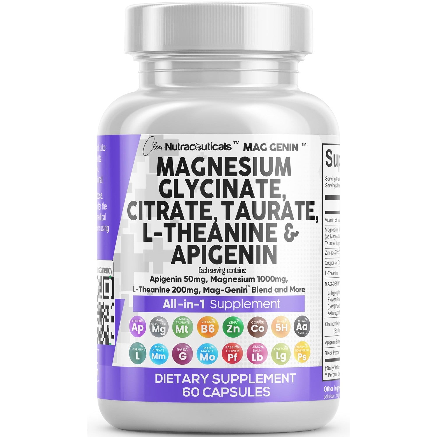 Clean Nutraceuticals Magnesium Glycinate Complex 1000mg with L-Theanine 200mg Apigenin 50mg Citrate Taurate Supplement (60 Count (Pack of 2))