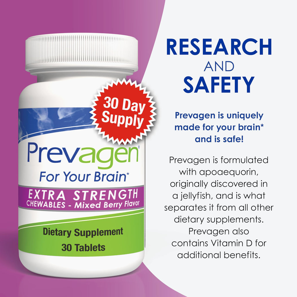 Prevagen Extra Strength Mixed Berry Chewables with Storage Box, 1-Pack | For Your Brain, 1 Month Supply, 20mg Apoaequorin, 50mcg Vitamin D3, 30 Tablets per Bottle
