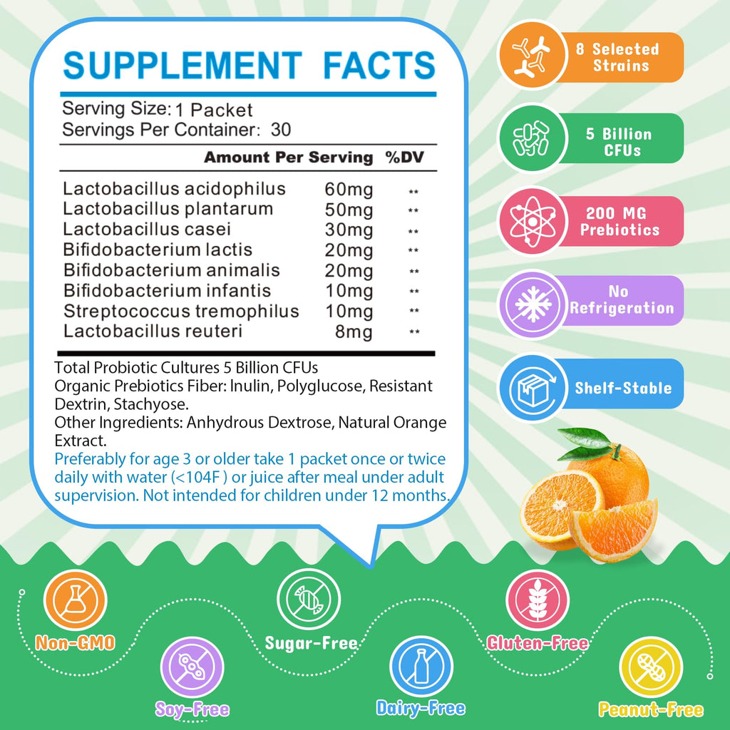 ZEBORA Kids Probiotic & Prebiotics Powder Age 3+, 30 Packets