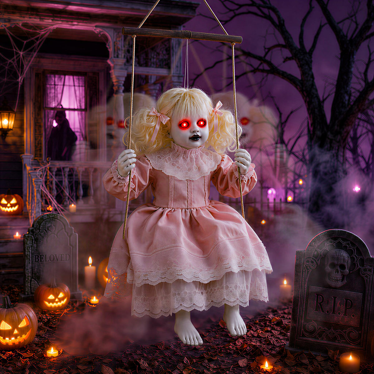TW SHINE Halloween Animatronic Doll Decorations Outdoor, Animated Hanging Swinging Girl with Lighted Eyes Creepy Sounds, Sound Activated Scary Halloween Prop Decor for Outside Indoor Haunted House