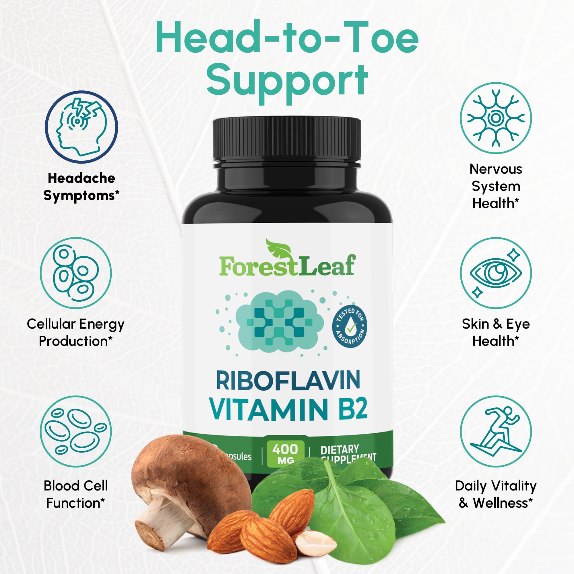 ForestLeaf Vitamin B2 riboflavin 400mg, Non GMO Gluten Free, 90 Count | High-Potency B2 Vitamin For Cellular Energy, Skin And Nervous System Support; Non-GMO, Gluten-Free, Vegetarian, Made In USA