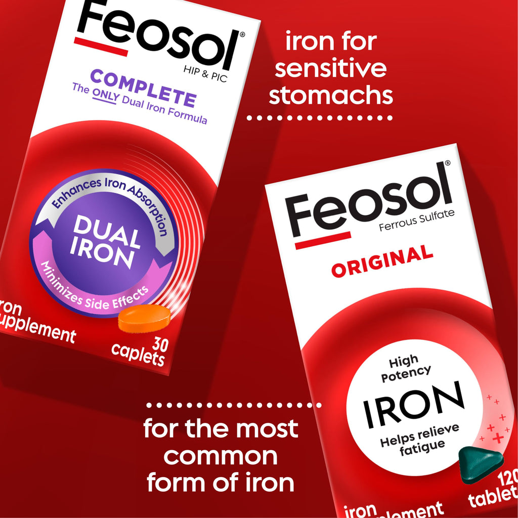 Feosol Original Iron Supplement Tablets, Non-heme, 65mg Iron per Pill, 1 Per Day, 120ct, 4 Month Supply, for Energy and Immune System Support, Made in USA | Iron supplements for energy and immune system support, small coated ferrous sulfate tablets
