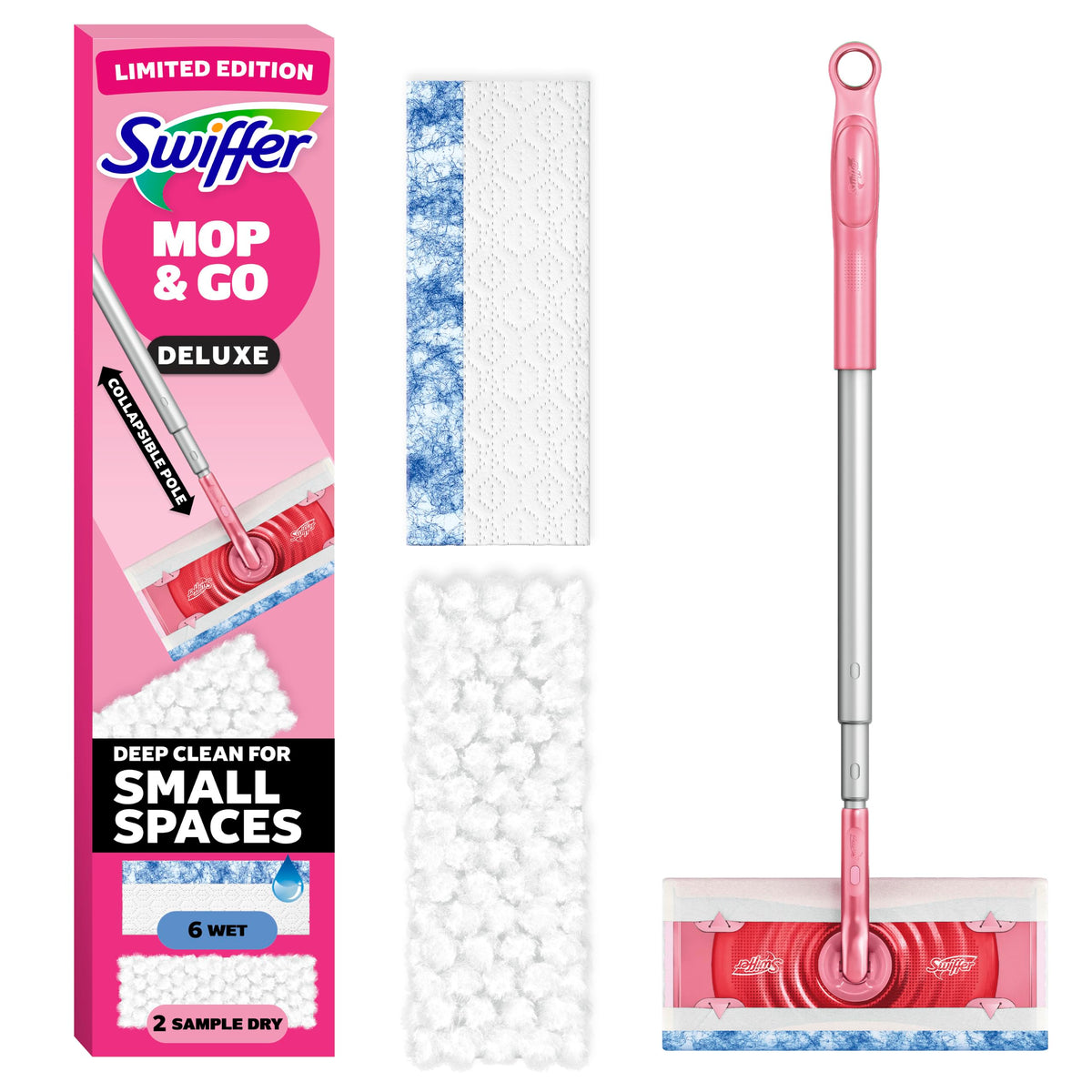 Swiffer Sweep and Mop Deluxe, Limited Edition Pink, 2-in-1 Floor Mopping and Sweeping Kit, Multi-Surface Kit for Floor Cleaning, Includes 1 Sweeper, 5 Heavy Duty Dry Cloths, 3 Heavy Duty Wet Cloths