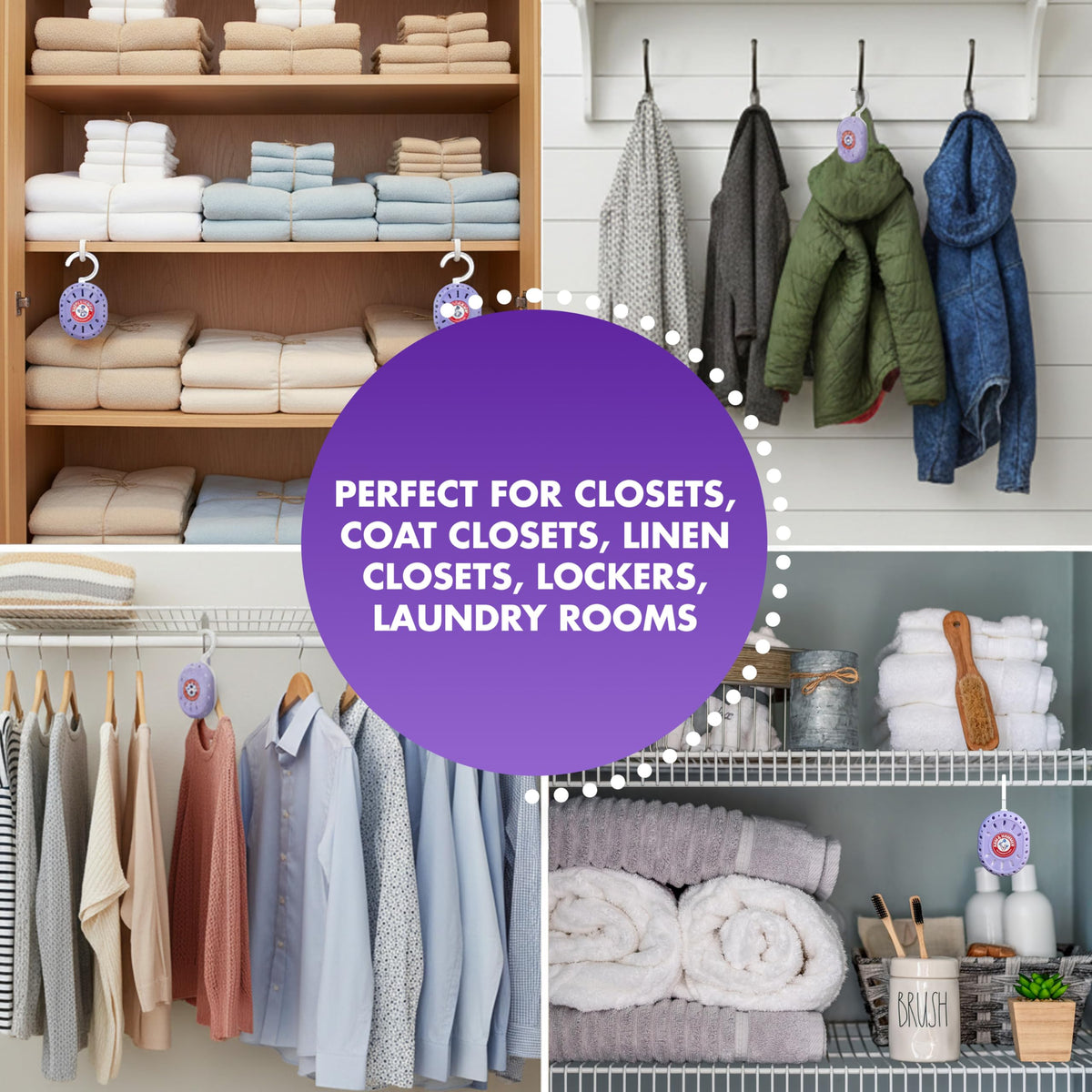 Arm & Hammer OdorBusterz ClosetMATE™, Lavender, 4 Count – Hanging Odor Absorber with Baking Soda, 360° Rotating Hook for Closets, Lockers & Storage Areas