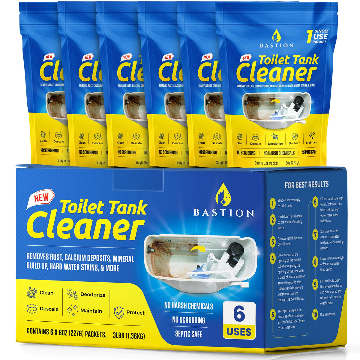 Bastion Toilet Tank Cleaner - 6-Uses. (*Not For Toilet Bowl*) Removes Rust, Mineral Deposits, Hard Water Stains, & Calcium Build Up. Contains 6 X 8oz Single Use Packets