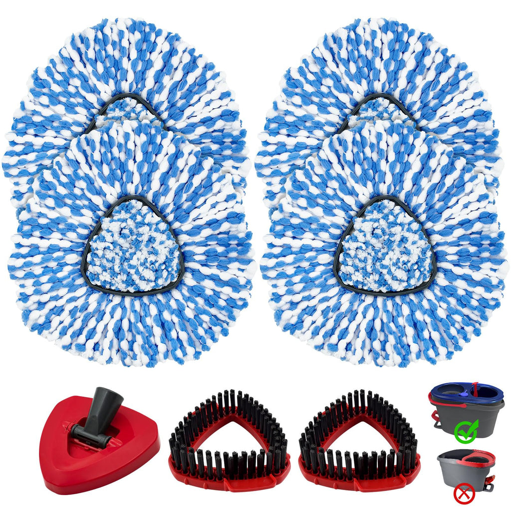 Mop Heads Replacements for O-Cedar RinseClean 2-Tank Spin Mop, Mop Replace Head for O Cedar, Mop Heads Include 4 Pack Mop Refills, 2 Scrubber Mop Heads, 1 Mop Base, Reusable, Easy to Replace