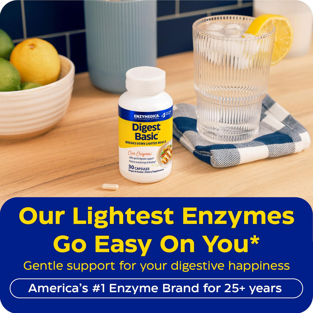 Enzymedica Digest Basic - Helps Gas & Bloating - 30 Caps | Digestive Enzyme Supplement for Women & Men, Enzyme Capsules for Digestion, Gut Health Support, For Sensitive Stomachs, Vegan