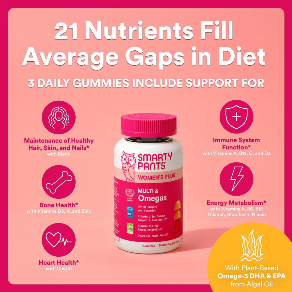 SmartyPants Women's Multivitamin Gummies, Omega 3 (DHA/EPA), Methylfolate, CoQ10, Vitamin D3, C, Vitamin B12, B6, A, K & Zinc, Inositol, Gluten Free, 120 Count (40 Day Supply)