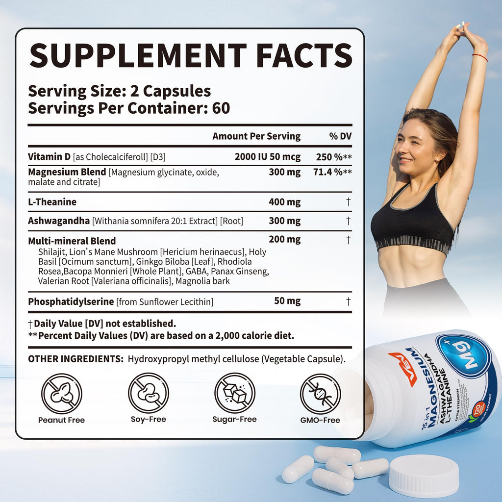 VEV DeepCalm 15-in-1 Magnesium Complex for Women & Men, 120 Caps | 15-in-1 Magnesium Supplement, Sleep, Glycinate & Citrate Vegan Capsules with Ashwagandha & L-Theanine