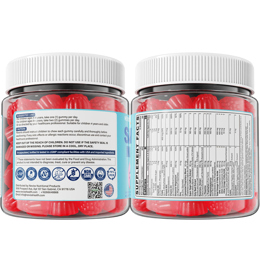 Saffron + Magnesium Glycinate+ Omega-3 - Calm Focus Gummies for Kids 4+, Saffron Extract Supplement w/L-Theanine, Holy Basil, Rosemary, B6, B9,B12, D3 for Happy Mood, Cognition, Nerve, Sugar Free