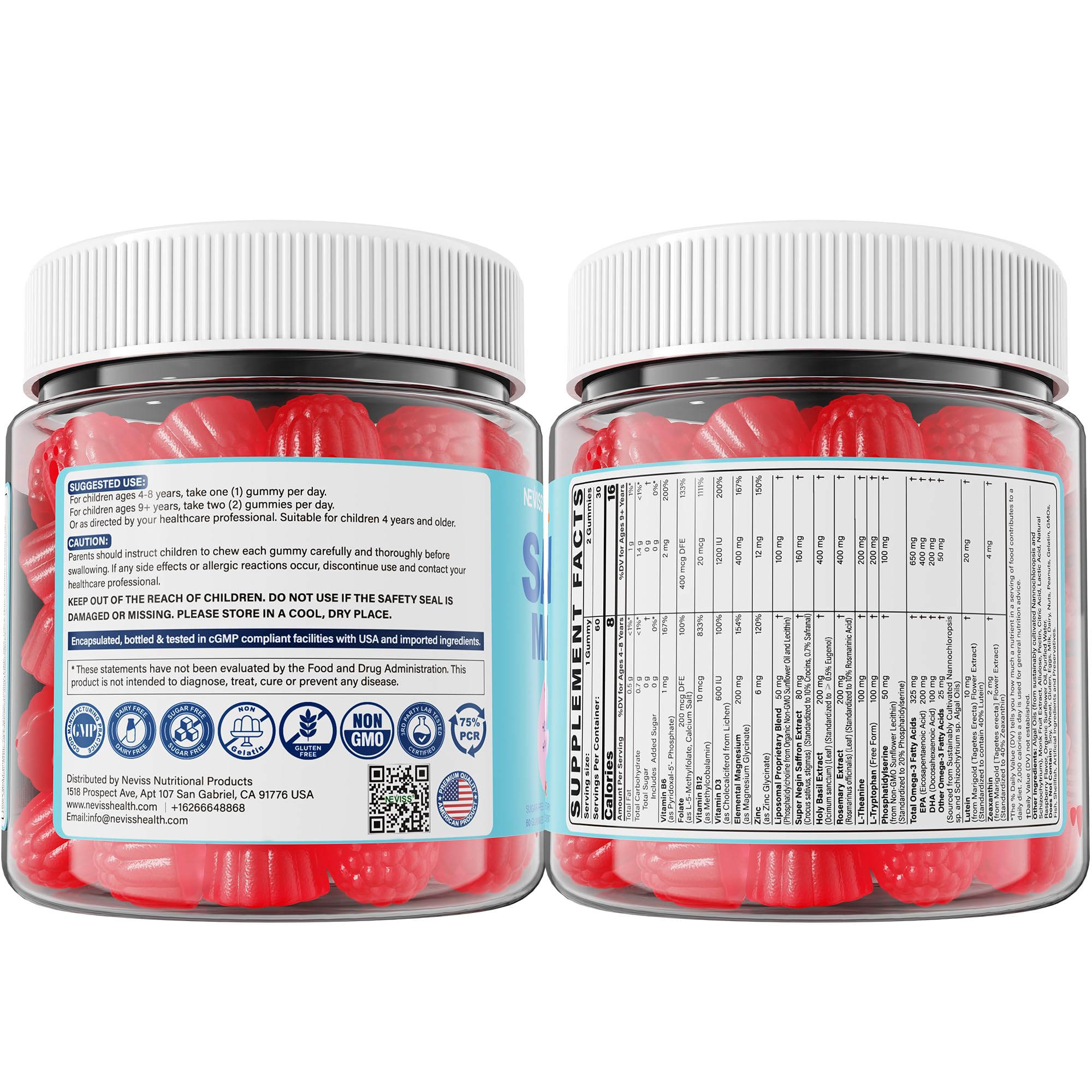Saffron + Magnesium Glycinate+ Omega-3 - Calm Focus Gummies for Kids 4+, Saffron Extract Supplement w/L-Theanine, Holy Basil, Rosemary, B6, B9,B12, D3 for Happy Mood, Cognition, Nerve, Sugar Free