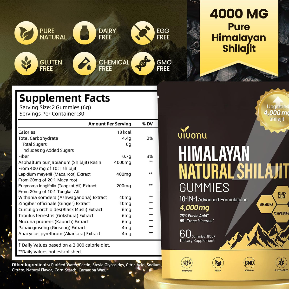 Himalayan Shilajit Gummies with Ashwagandha & Gokshura | 85+ Trace Minerals & Fulvic Acid | Organic, Non-GMO Micronutrient Supplement for Men & Women | 100% Pure & Natural(4kMG /1 Bag)