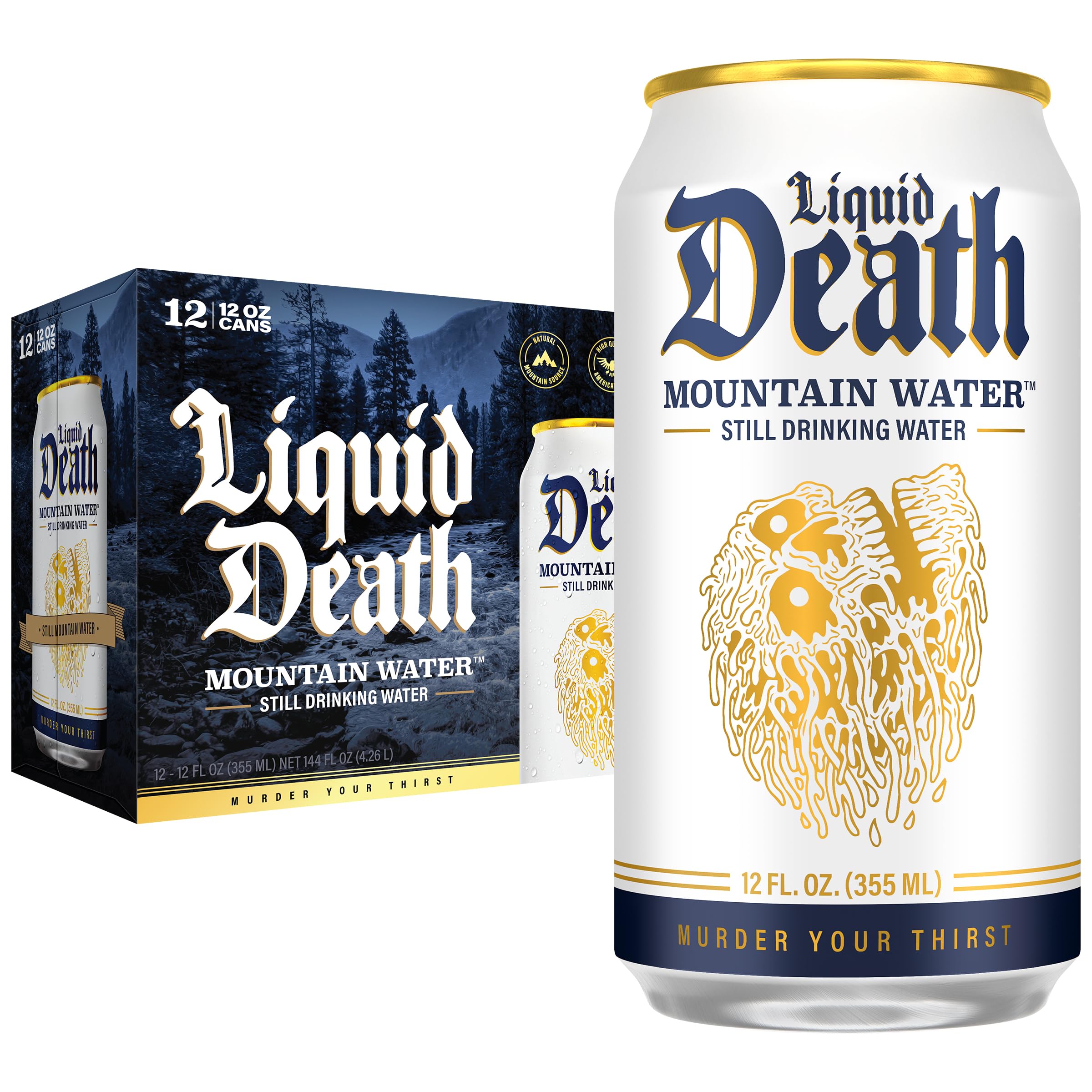 Buy now Liquid Death Sparkling Mountain Water, Real Mountain Source, Ice-Cold Cans, Infinitely Recyclable, 12 Fl Oz (Pack of 12) Mountain Water - Still at indiglob india