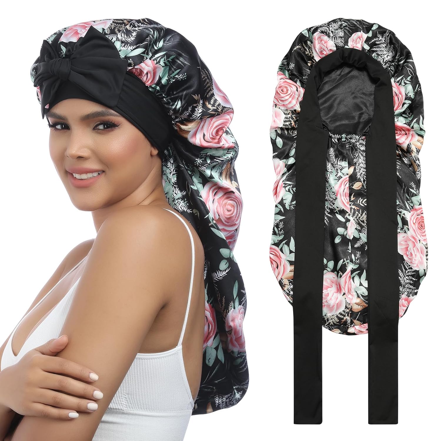 Buy now AWAYTR Long Satin Bonnet for Women - Double Layer Elastic Silk Bonnet for Braids Hair Sleeping Cap with Tie Band (Rose Gold) One Size Flower B at indiglob india