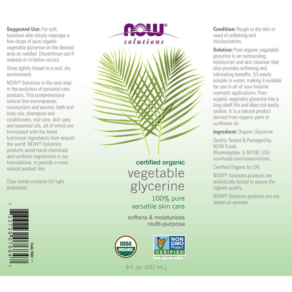 Buy now NOW Foods Solutions, Organic Vegetable Glycerin Oil, 100% Pure, Softening and Moisturizing Multi-Purpose Skin Care, 8-Ounce at indiglob india