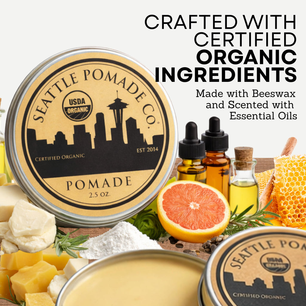 Seattle Pomade Co. USDA Certified Organic Pomade. Medium Hold & High Shine, Hair Styling Formula Non GMO, Made with organic materials from around the world.