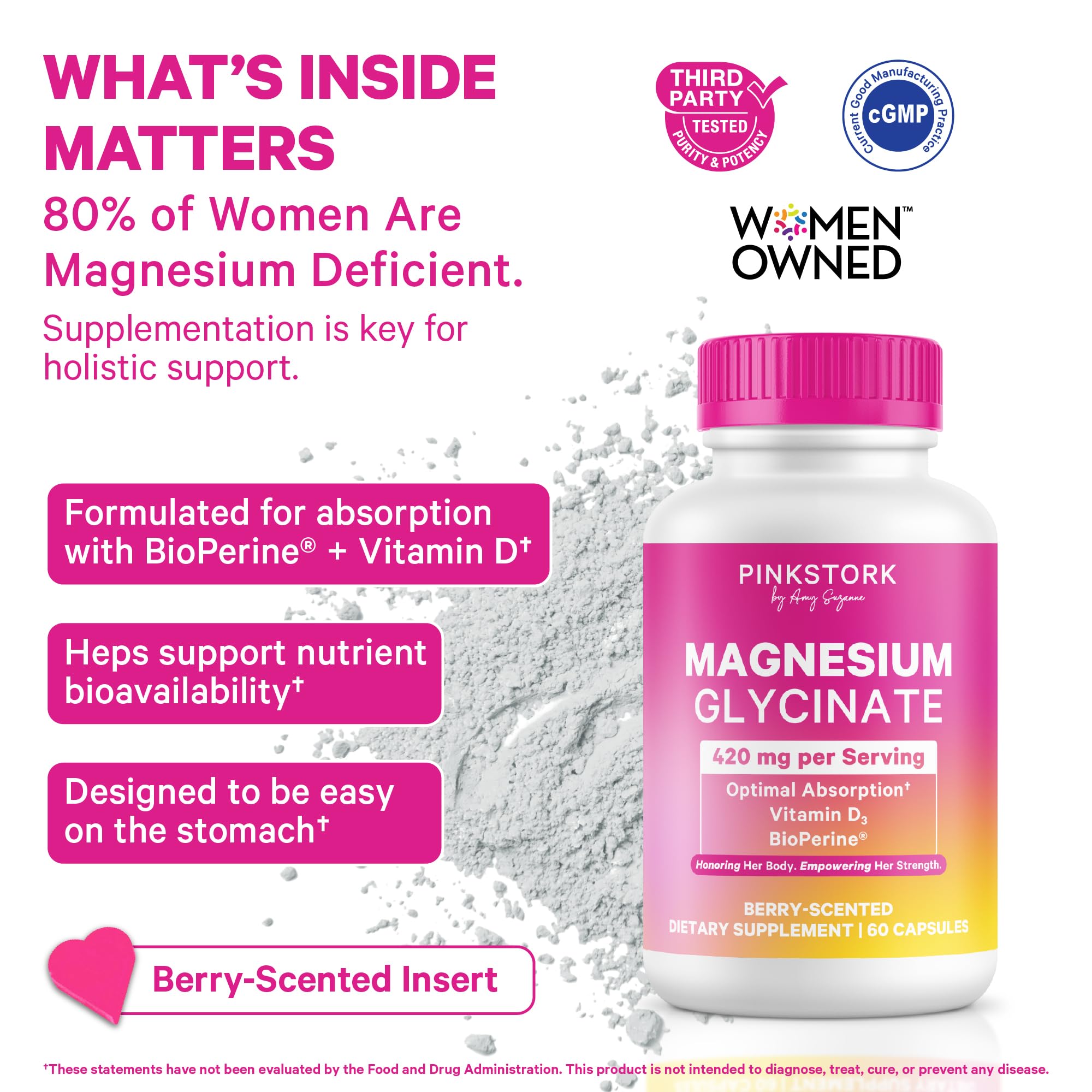 Pink Stork Magnesium Glycinate 420mg, Berry Essence, 60 Capsules | With Vitamin D, Supports Natural Calm, Mood, and Sleep, Hormone Balance for Women, 1 Month Supply