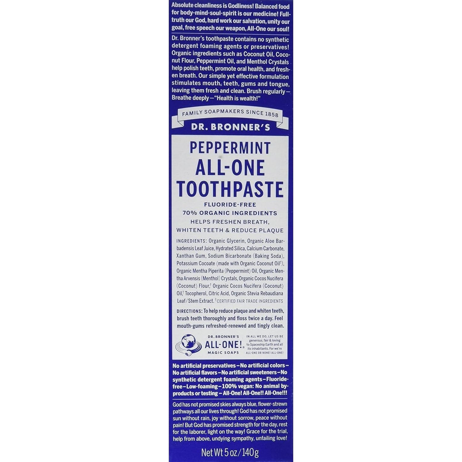 Buy now Dr. Bronnerâ€™s - All-One Toothpaste (Peppermint, 5 ounce) - 70% Organic Ingredients, Natural and Effective, Fluoride-Free, SLS-Free, Helps Freshen Breath, Reduce Plaque, Whiten Teeth, Vegan 5 Ounce (Pack of 2) Peppermint at indiglob india