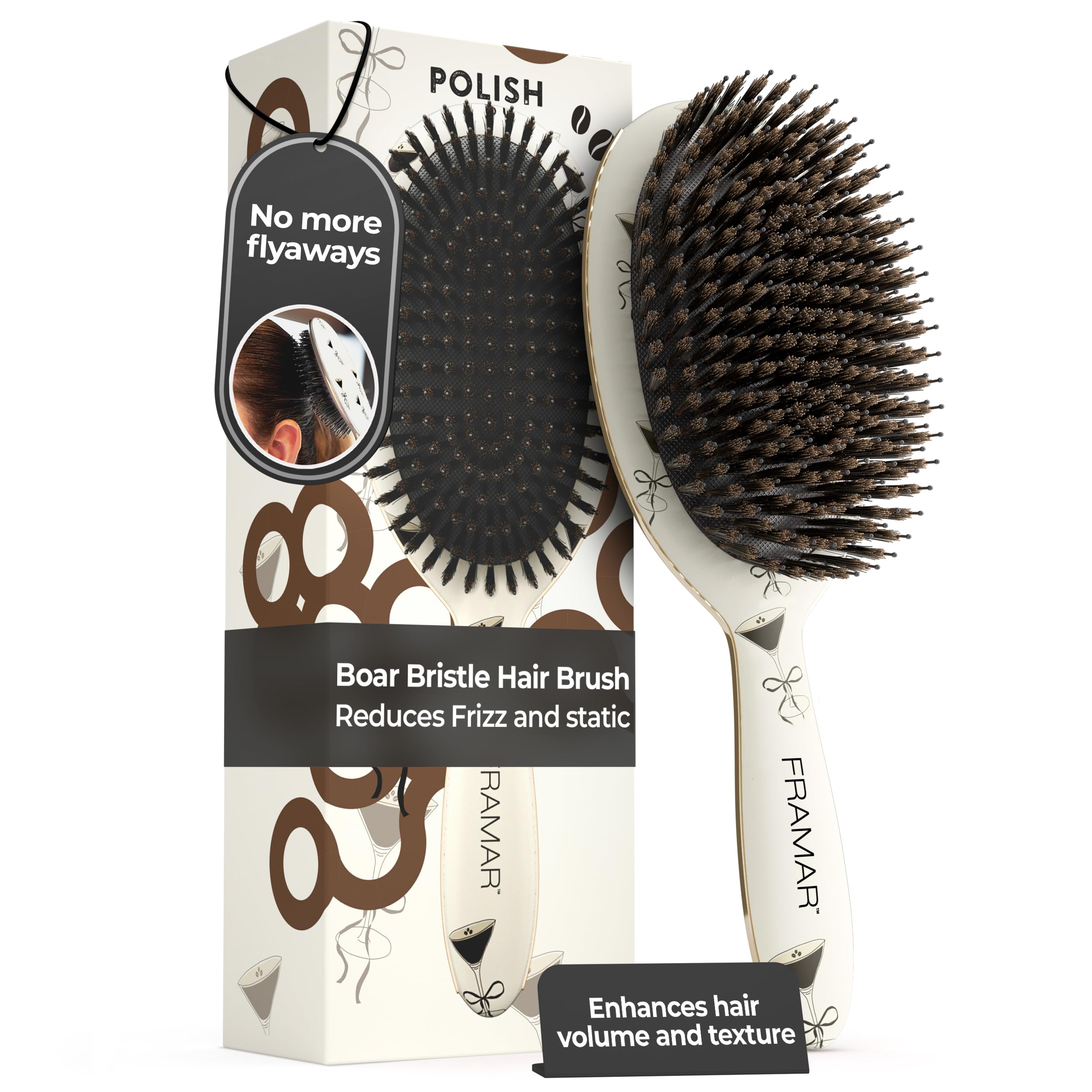 FRAMAR Soft Boar Bristle Hair Brush For Women, Boars Hair Brush For Women | Boar Brush For Fine Hair, Hairbrush For Fine Hair, Soft Bristle Brush For Slick Back, Volume and Shine, Chocolate