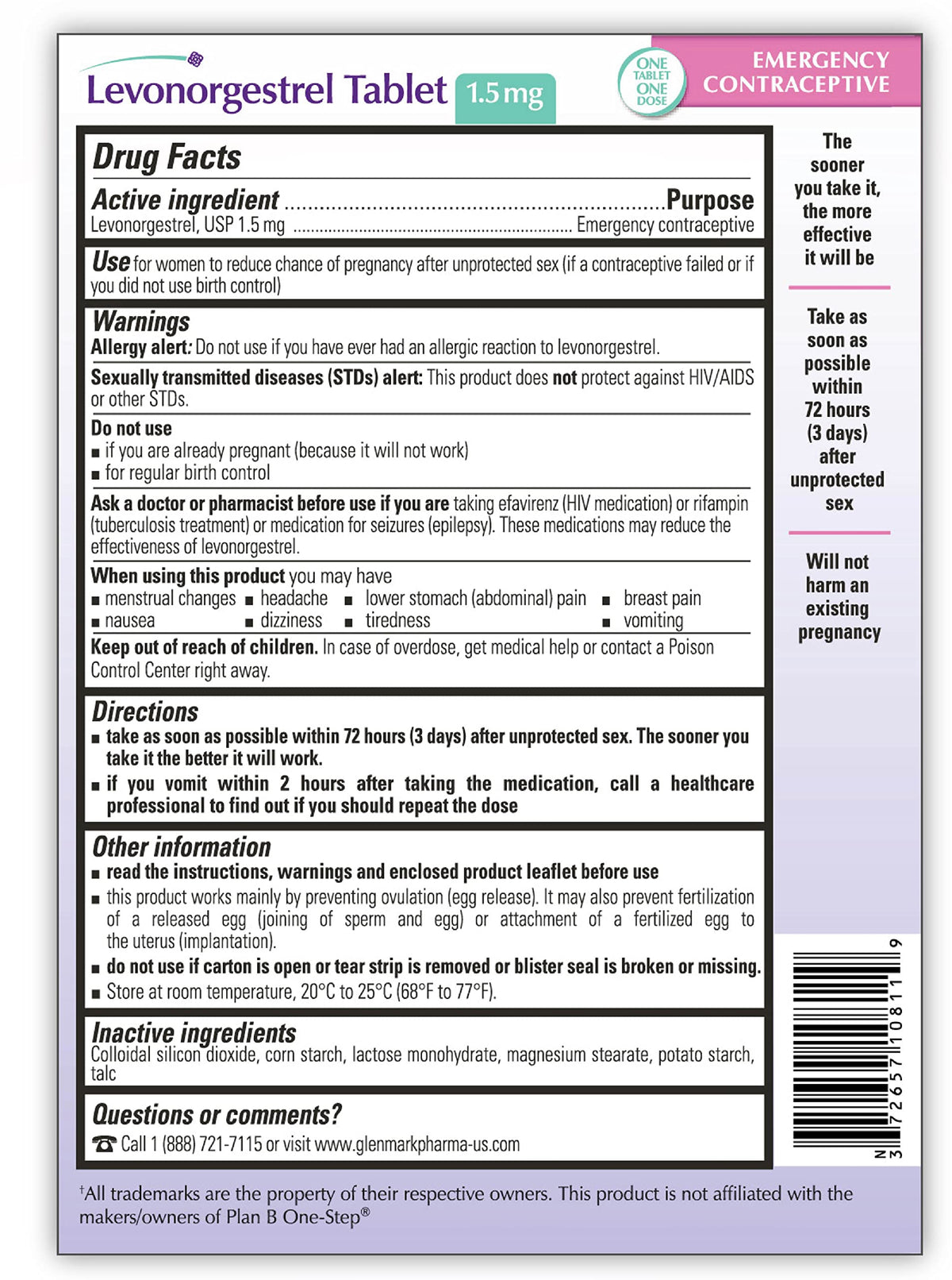 Glenmark Therapeutics Emergency Contraceptive Tablet, Levonorgestrel 1.5mg, Reduces Chance of Pregnancy After Unprotected Sex