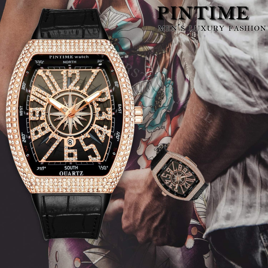 Buy now PINTIME Luxury Men's Crystal Watch Rosegold Tonneau Fashion Bling Iced Out Diamond Watch for Men Hip Hop Rapper, Black Dial at indiglob india