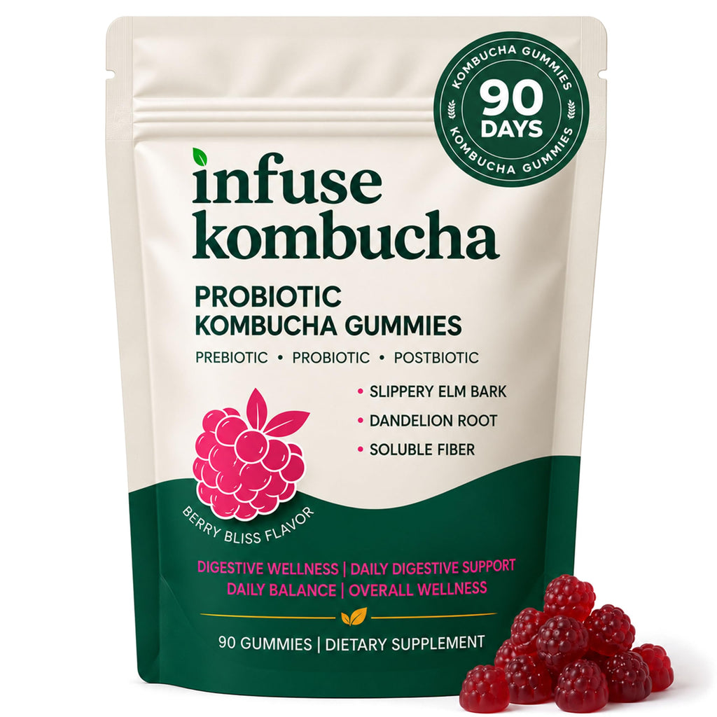 infuse Probiotic Kombucha Gummies, 90 Gummies, for Throat Clearing Bloating, Gut Health for Women, Fiber Gummies, Prebiotics and Probiotics for Women, Slippery Elm, Dandelion Root, MCT Oil