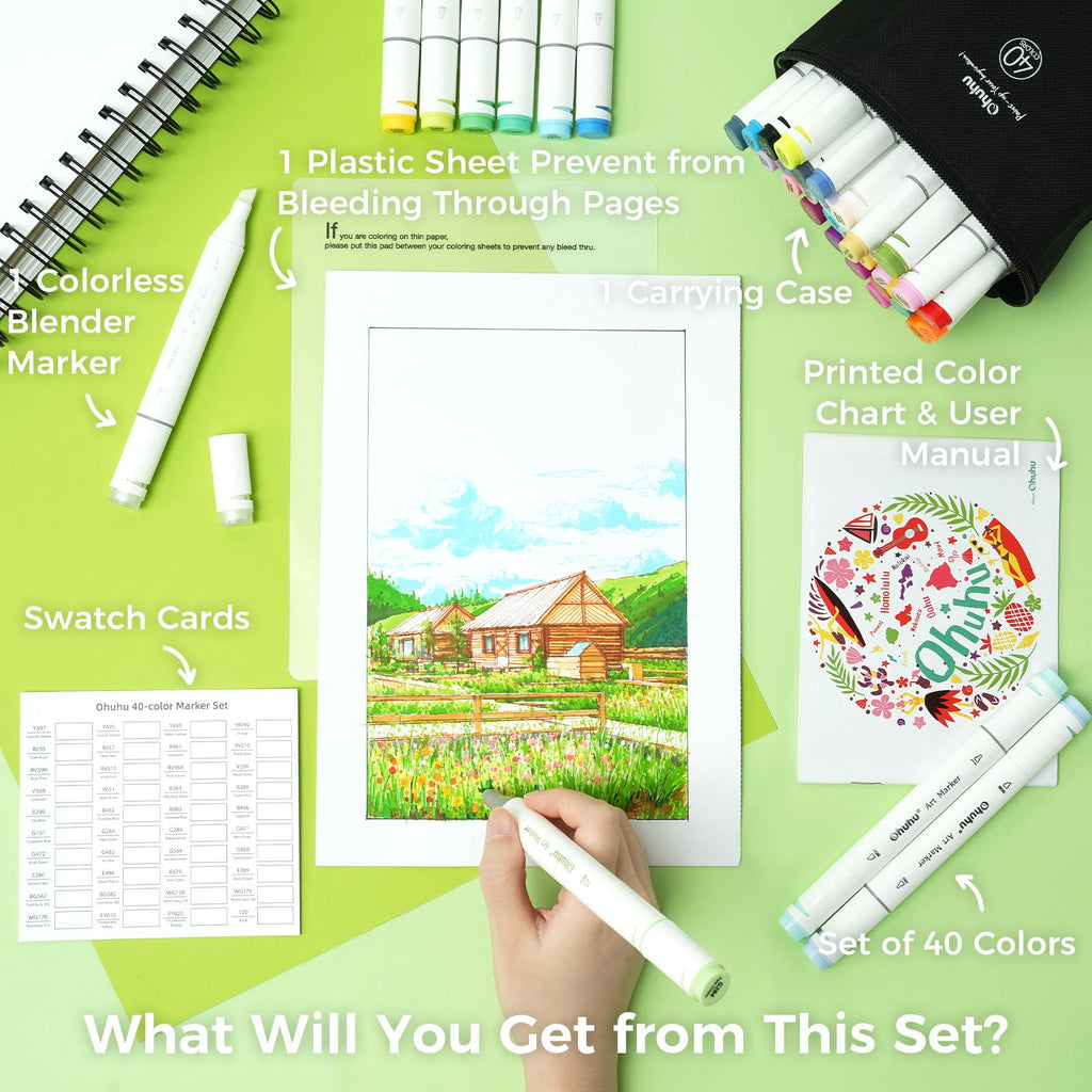 Ohuhu Alcohol Markers 40 Colors Chisel Fine AP Certified for Adult Coloring
