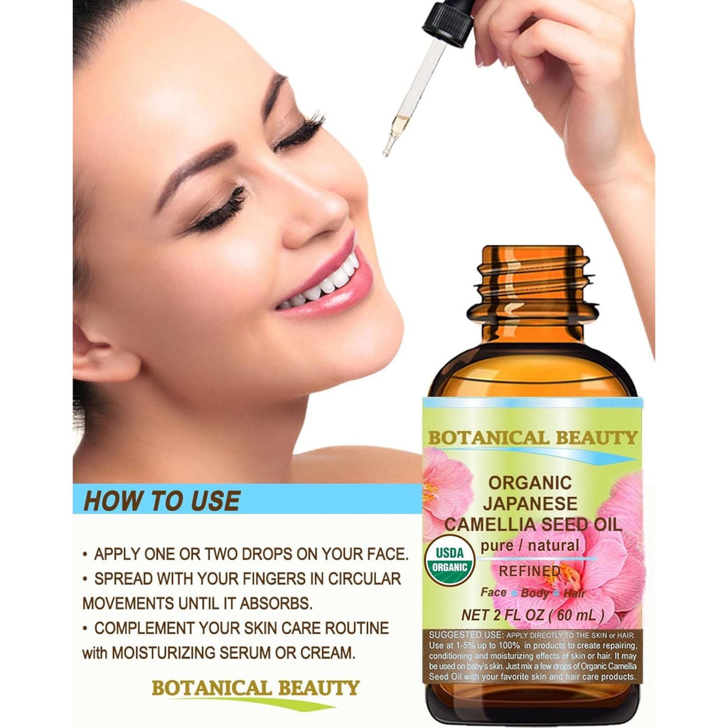 Buy now Botanical Beauty Japanese ORGANIC CAMELLIA Seed Oil. 100% Pure Natural Undiluted Refined Cold Pressed Carrier Oil to revitalize and rejuvenate the hair, skin and nails. 4 Fl. oz 120 ml at indiglob india