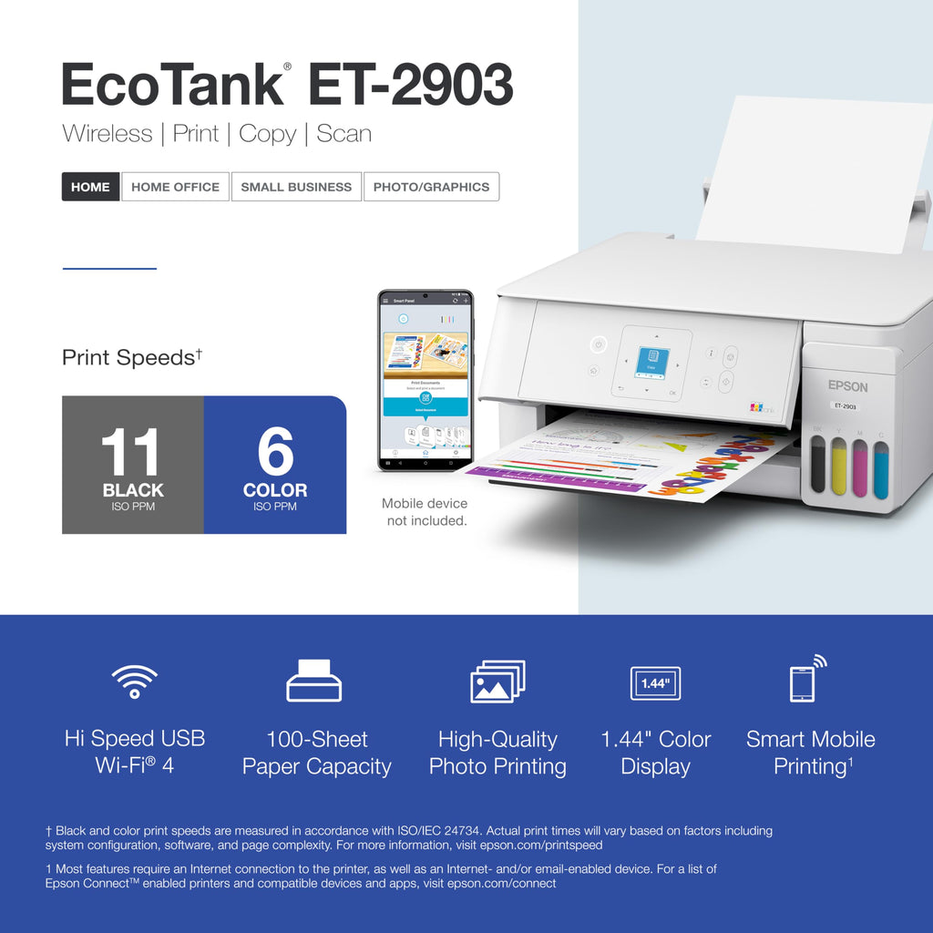 Epson EcoTank ET-2903 Wireless All-in-One Color Supertank Printer with up to 3 Years of Ink, Refillable Tanks, Perfect for Home, 11 PPM, 1.44" Color Screen, Built-in Scanner – White