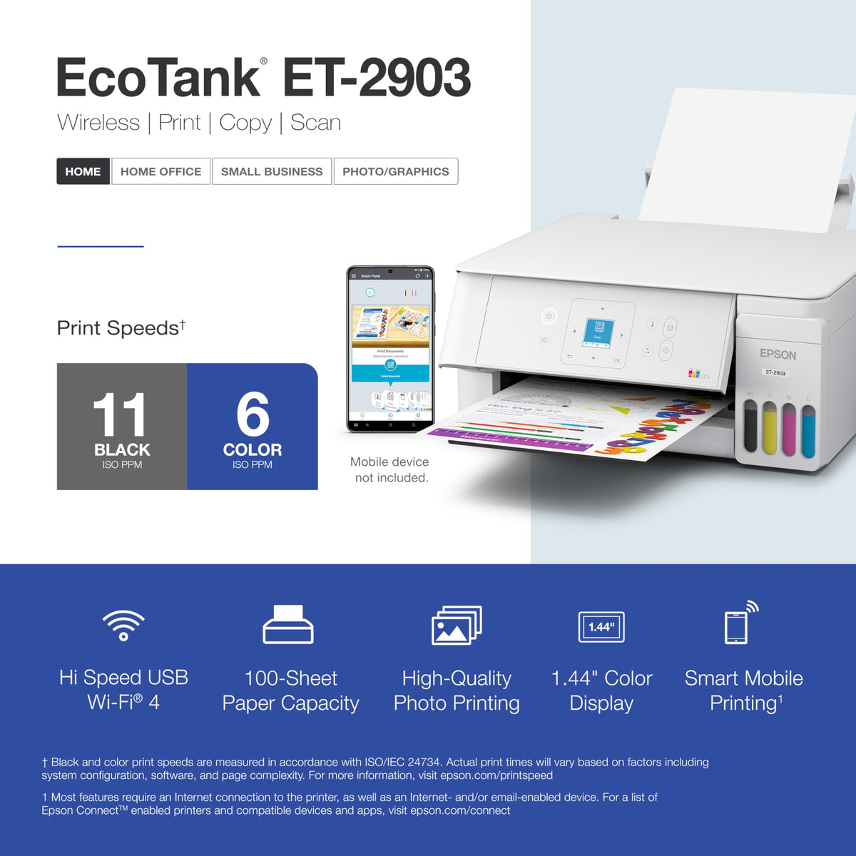 Epson EcoTank ET-2903 Wireless All-in-One Color Supertank Printer with up to 3 Years of Ink, Refillable Tanks, Perfect for Home, 11 PPM, 1.44" Color Screen, Built-in Scanner – White