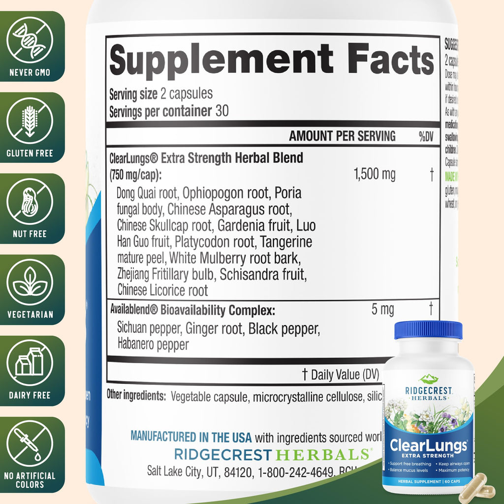 RidgeCrest Herbals ClearLungs Extra Strength Lung Health Support 60 Ct | 30 Servings, 13 Unique Herbs, Natural Nasal Support, Respiratory Comfort, 50% more than Classic with Availablend