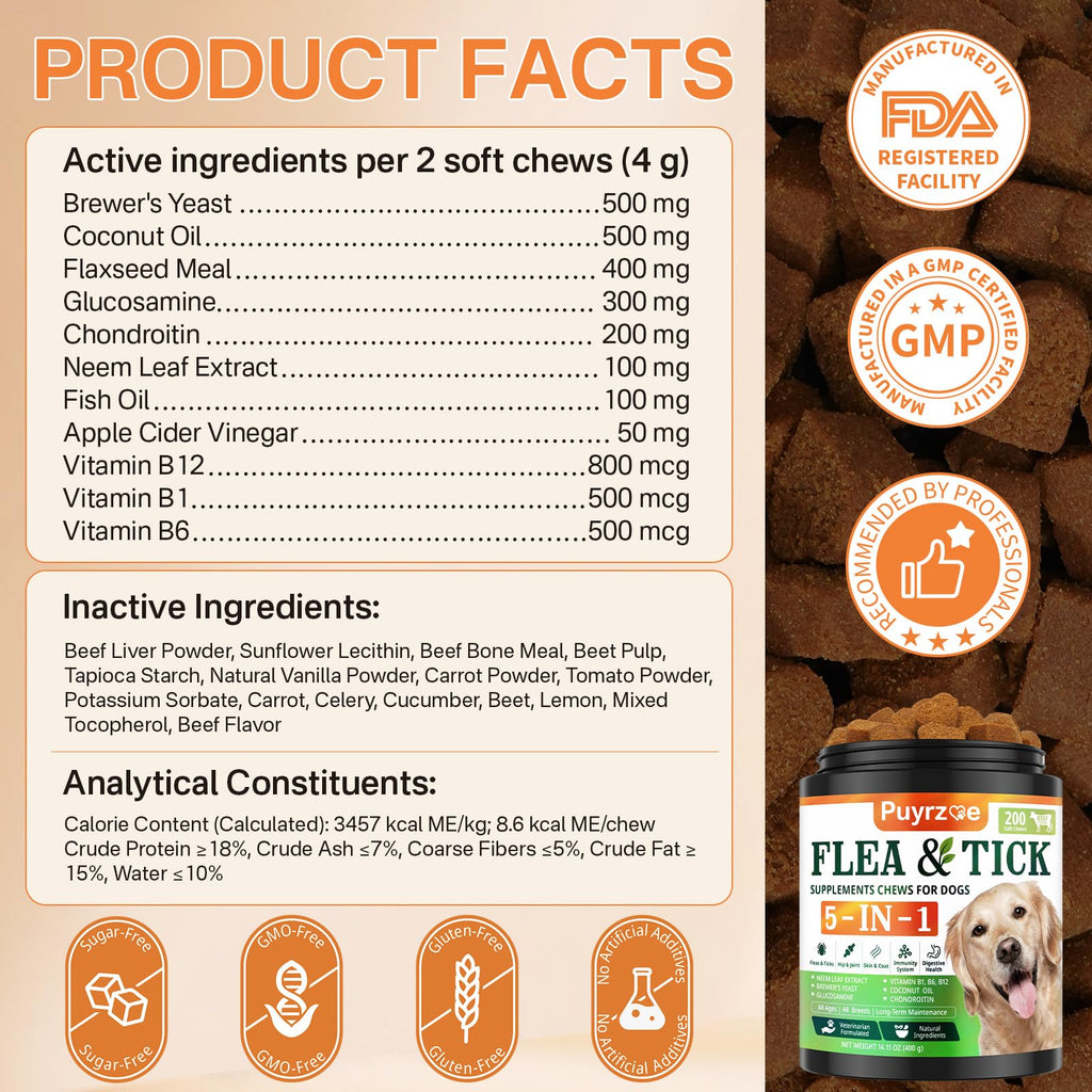 Puyrzoe Flea and Tick Prevention for Dogs, Dog Flea and Tick Treatment Chew