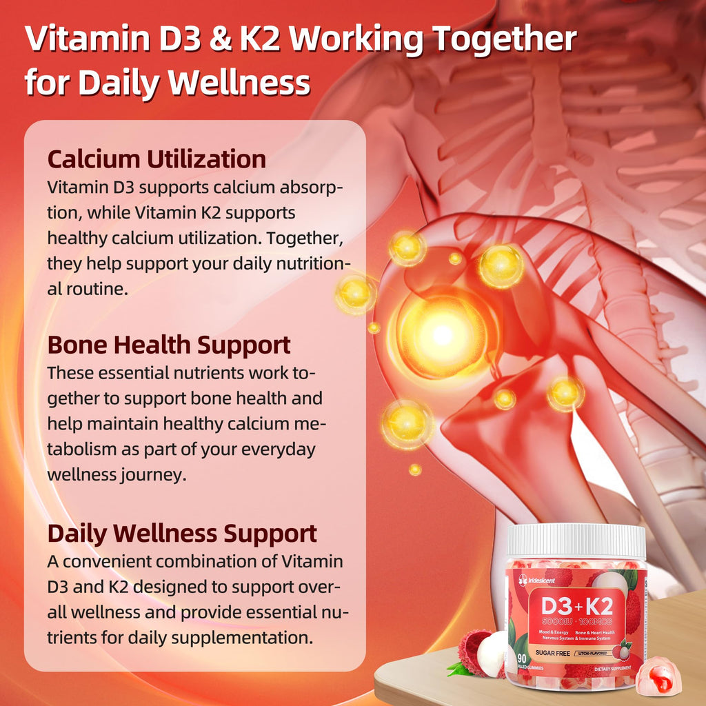 Vitamin D3 K2 Gummies, 5000 IU D3 + 100mcg K2, 90 Count | D3 K2 Supplement with MK-7, Sugar Free Vegan Gummies, Supports Bone Health for Adults, Lychee Flavor