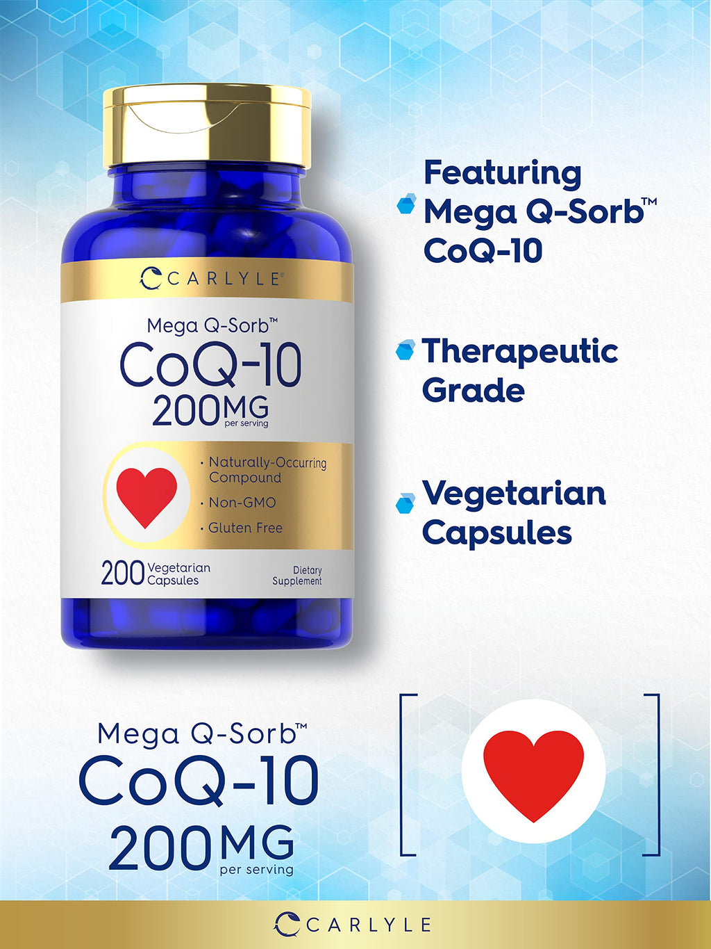 Carlyle CoQ10 200mg | 200 Capsules | Mega Q-Sorb Coenzyme Q-10