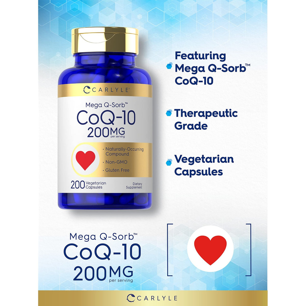 Carlyle CoQ10 200mg | 200 Capsules | Mega Q-Sorb Coenzyme Q-10