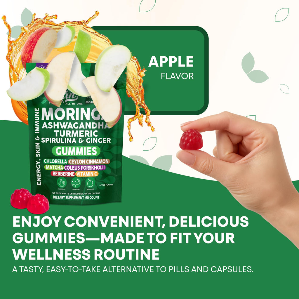 Clean Nutra Moringa Gummies | Pure Moringa Powder Supplement + Ashwagandha Turmeric Spirulina & Ginger Energy, Skin, Immune & Gut Health Green Superfood - Moringa Capsules Alternative