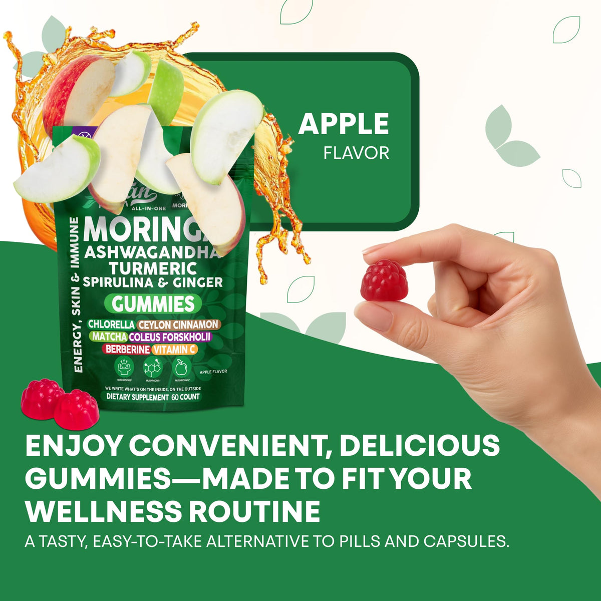 Clean Nutra Moringa Gummies | Pure Moringa Powder Supplement + Ashwagandha Turmeric Spirulina & Ginger Energy, Skin, Immune & Gut Health Green Superfood - Moringa Capsules Alternative