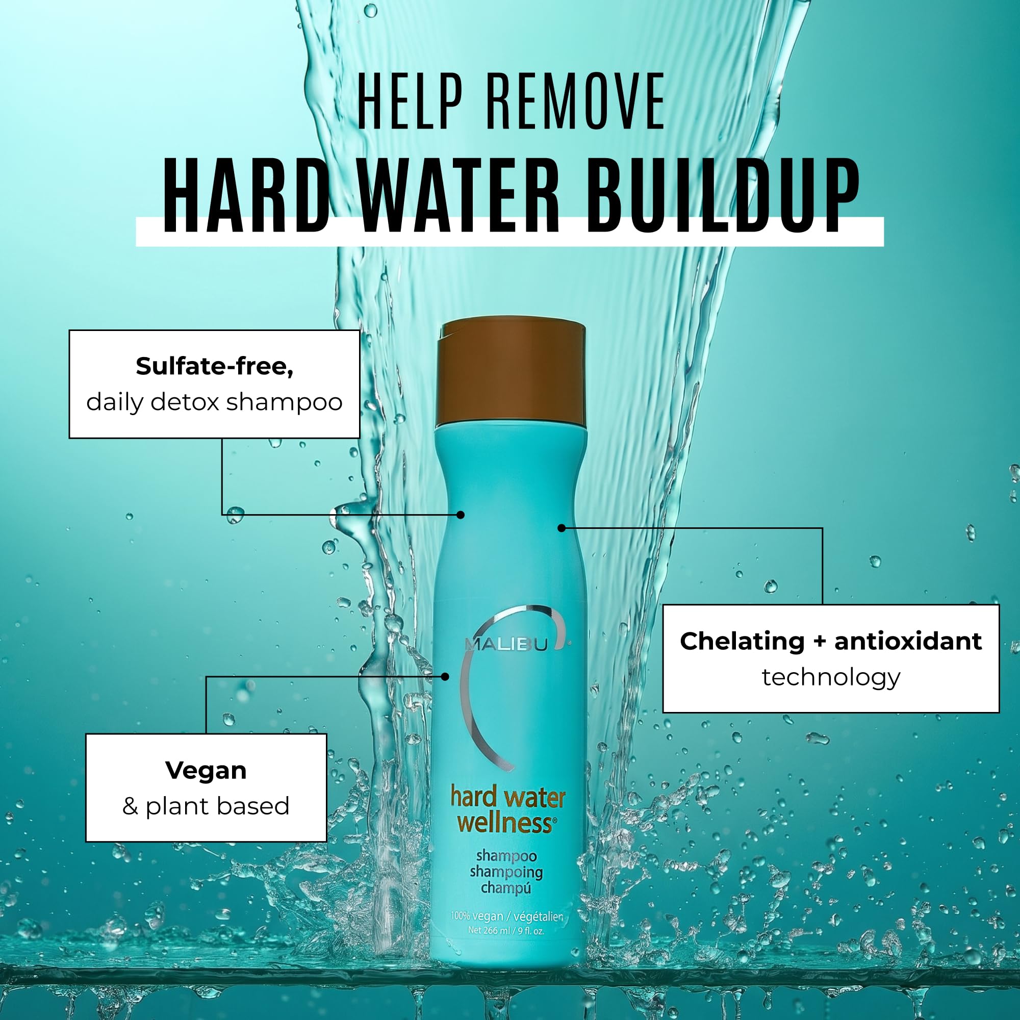 Malibu C Hard Water Wellness Shampoo - Hydrating, Sulfate-Free Hair Care for Hard Water - Removes Minerals and Buildup (9 oz) | Hydrating, Sulfate-Free Detox Shampoo for Hard Water, Gently Removes Minerals & Buildup, Vegan & Cruelty-Free Hair Care