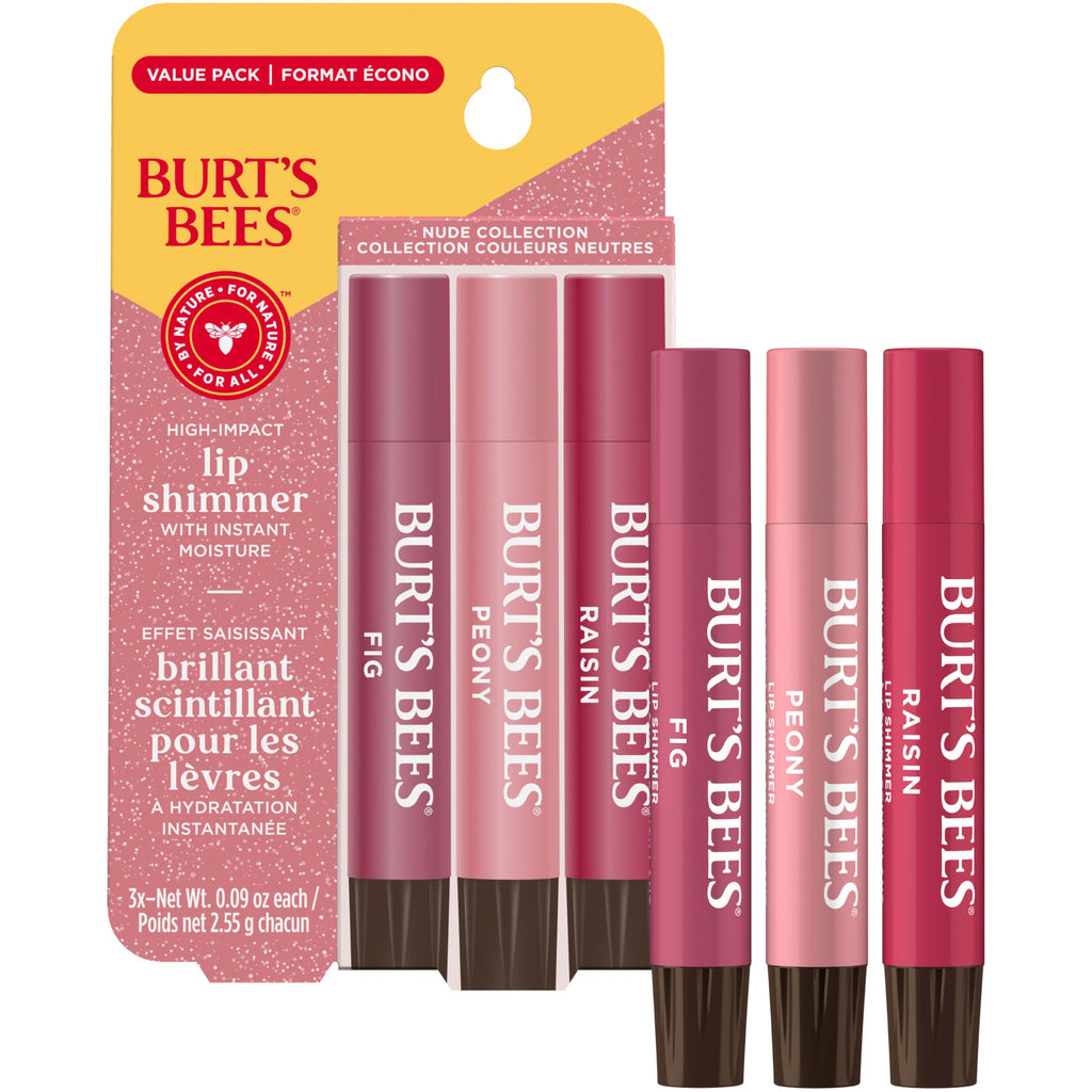 Burt's Bees Lip Shimmer Nude Collection, Tinted Lip Balm, 0.09 oz., 3 Tubes | Moisturizing for All Day Hydration, Natural Glowy Pigmented Finish, Buildable Color, 3 Warm Shades