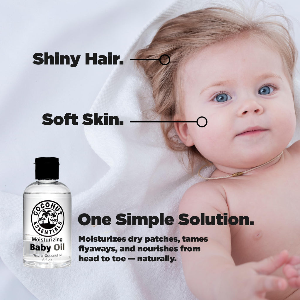 Coconut Essentials BABY OIL - Liquid Coconut oil (MCT) - No Mineral oil - Unscented Moisturizer - Infant & Newborn - Massage, Scalp Sensitive Skin, Eczema & Dry Skin Relief - Fragrance Free (6oz)