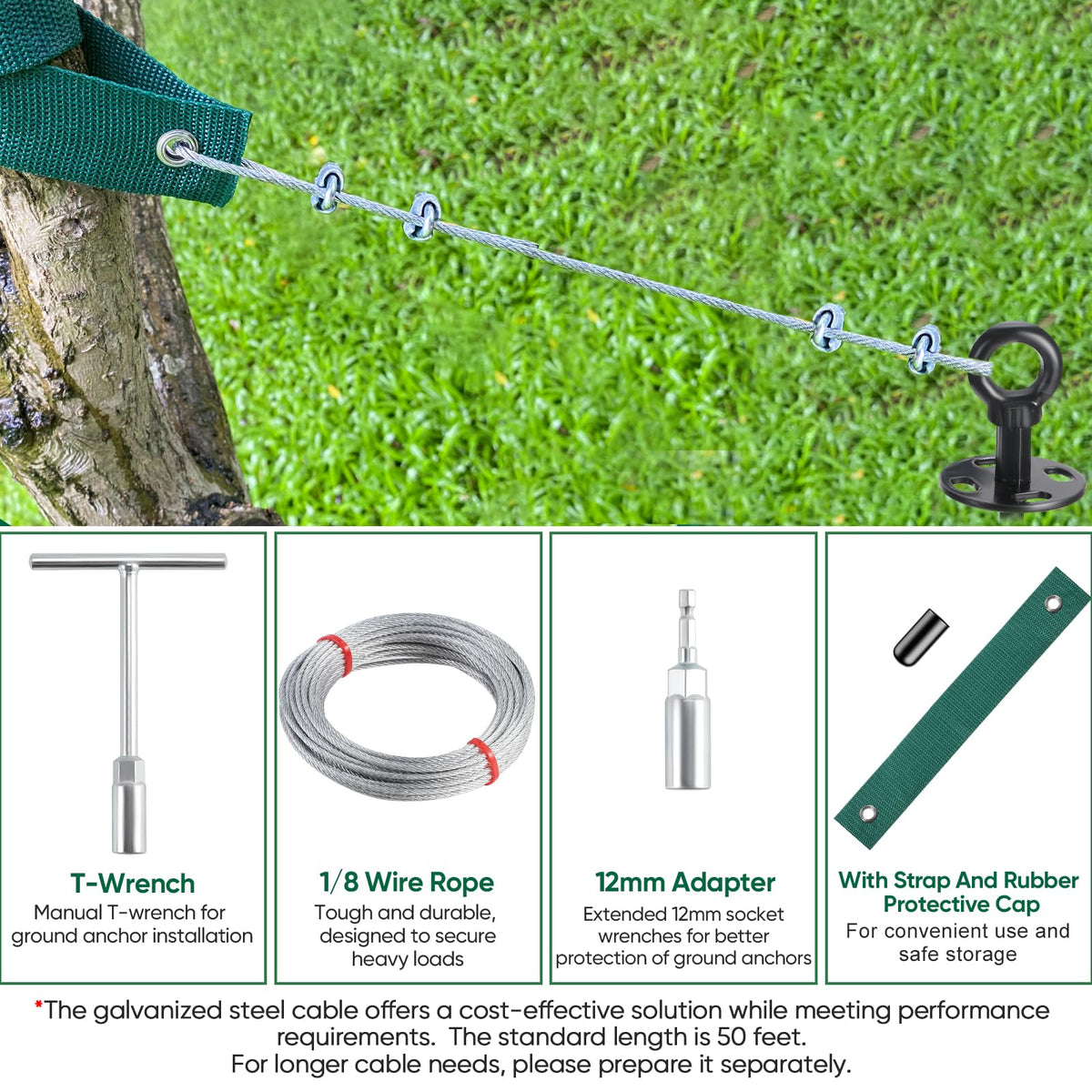 18'' Ground Anchors Screw in Heavy Duty, Shed Anchor Kit with Straps & Steel Cable & Tools, Earth Anchors for Mobile Home, Carports, Swing Set, Tree, Trampoline - Secure Against High Winds(4)