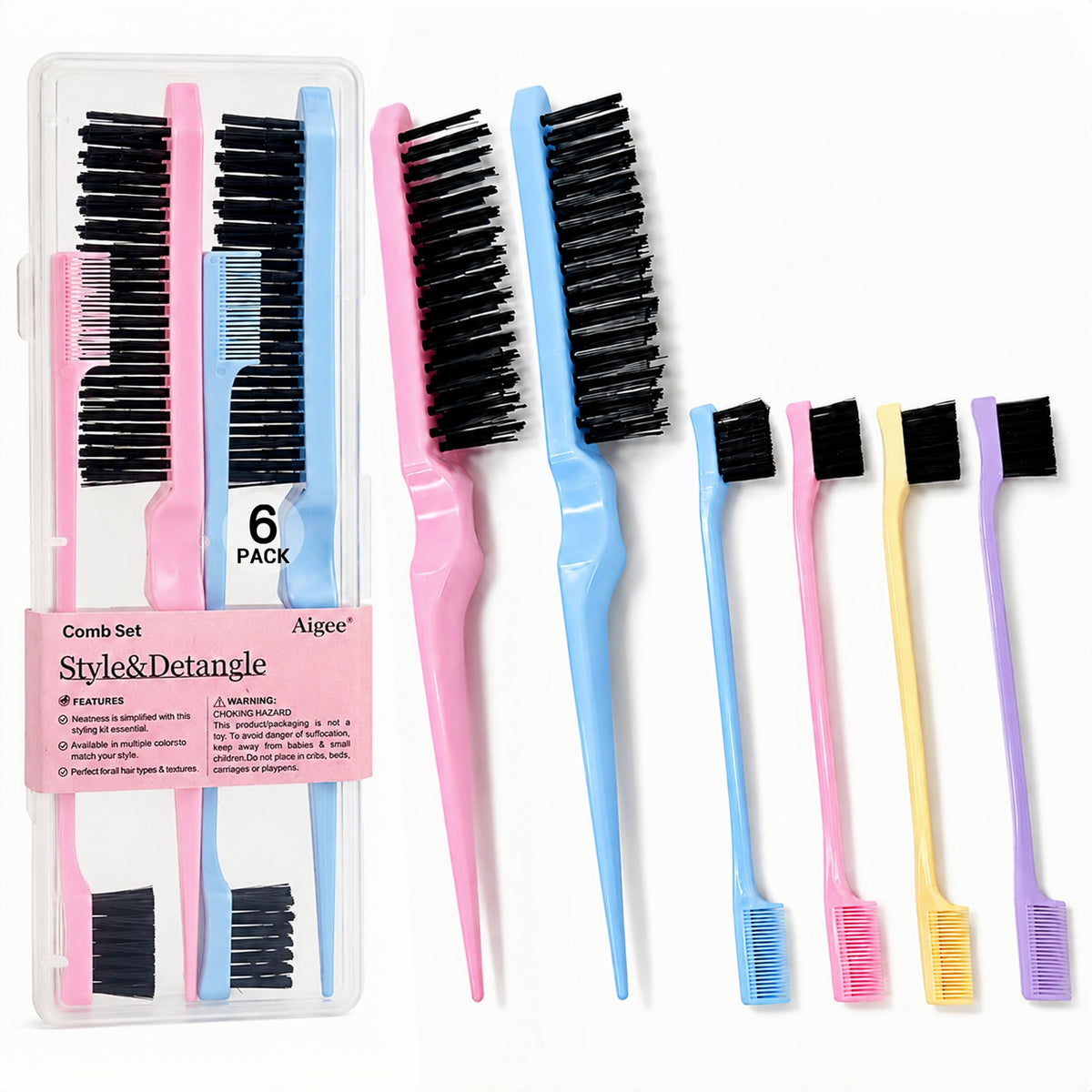 Aigee Slick Back Hair Brush & Edge Brushes and Combs Set,6Pcs in box